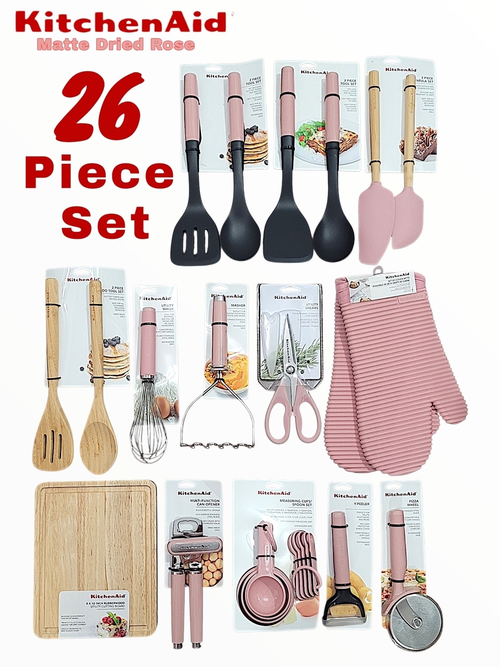 KitchenAid Matte Dried Rose 26-Piece Utensil Set - Pink and Natural Wood Accents